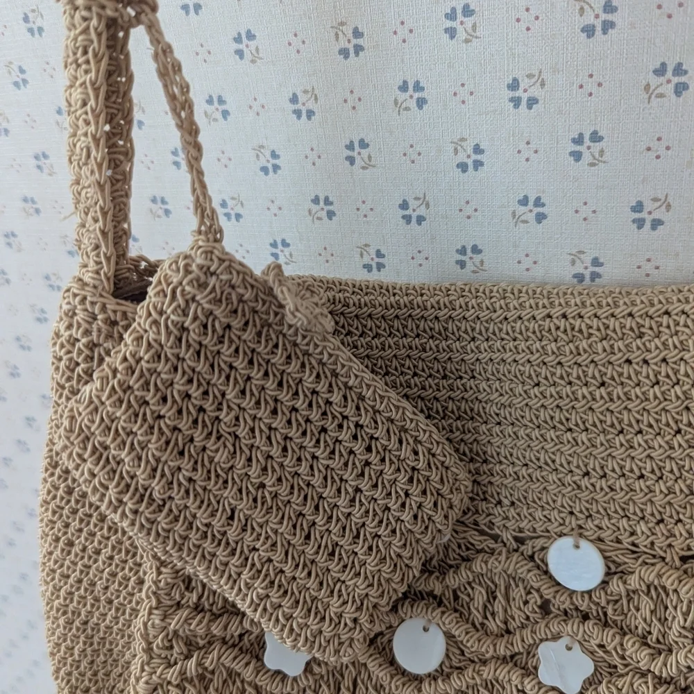 NWOT Beige Crochet Clutch Motherof Pearl Accents
